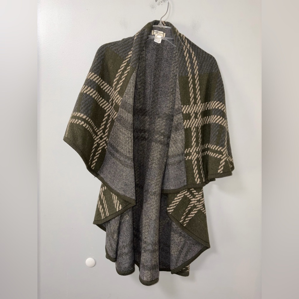 Ace Fashion Green‎ Plaid Double Layer Cape Sleeveless Open Front Poncho OS Boho